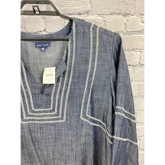J. Jill Pure Jill Indigo 2X  Whipstitched Embroidered Dress Chambray Tencel Blue - Picture 5 of 11